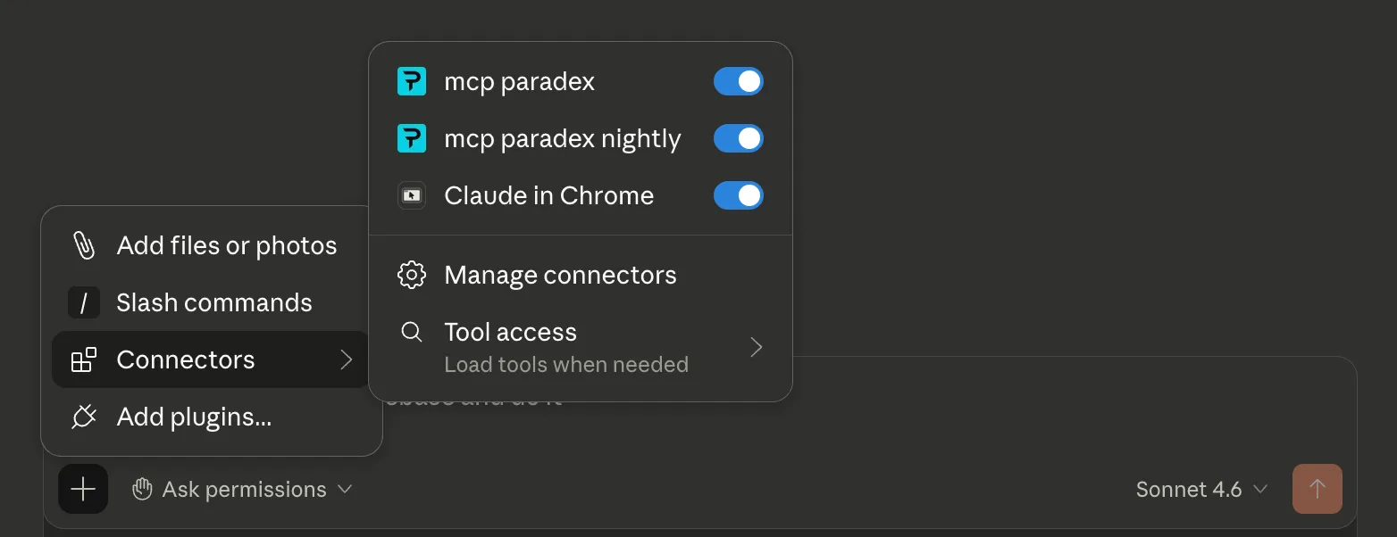 Claude Desktop Connectors panel showing mcp paradex enabled